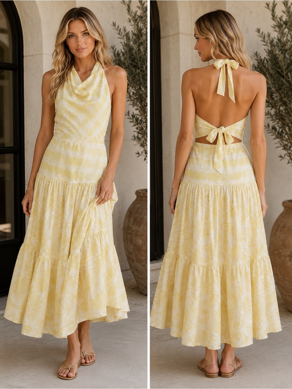 Banana Republic Silk Halter Midi Dress Yellow Tropical Print Size 0 NWT